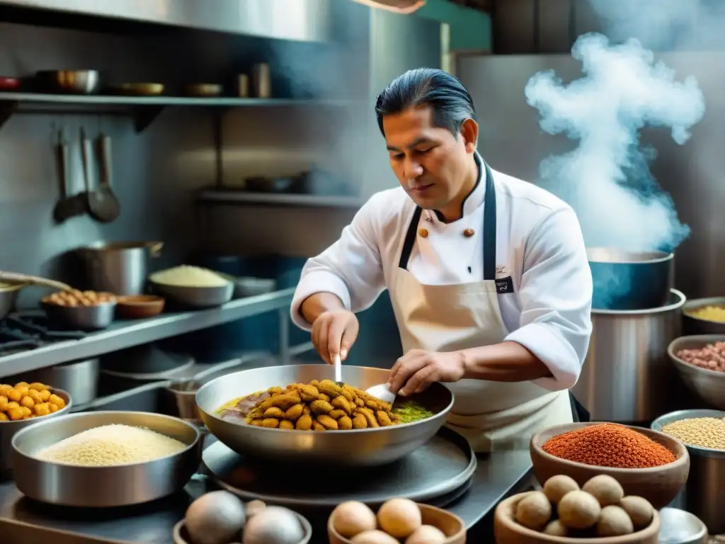 Un chef peruano prepara una receta tradicional carapulcra en una cocina bulliciosa