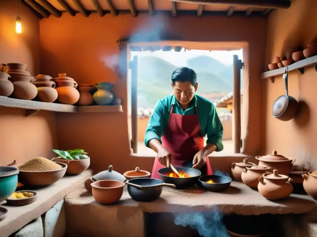 Un chef peruano preparando la receta tradicional carapulcra peruana en una cocina rústica y colorida