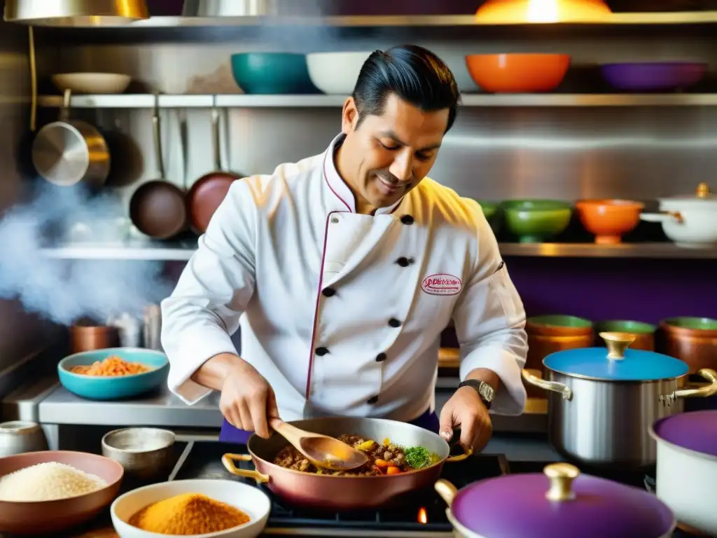 Un chef peruano preparando una receta tradicional de lomo saltado de alpaca en una cocina colorida y tradicional