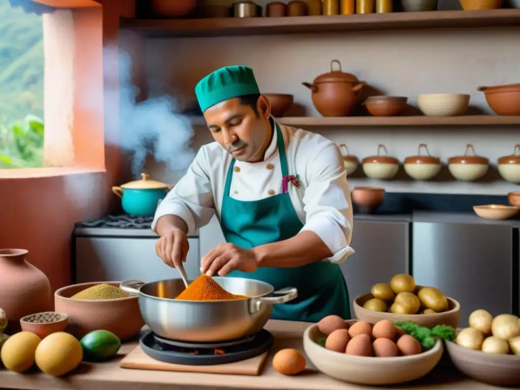 Chef peruano preparando la receta tradicional carapulcra en una cocina tradicional