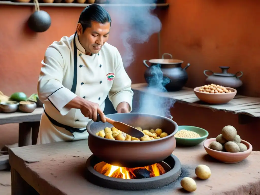 Un chef peruano prepara una receta tradicional carapulcra peruana en una cocina rústica