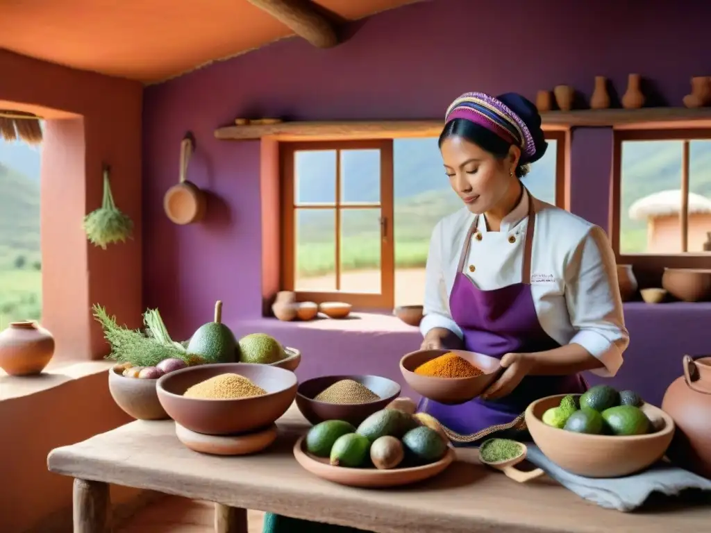 Un chef peruano preparando una receta tradicional con maca, rodeado de ingredientes frescos y textiles andinos coloridos