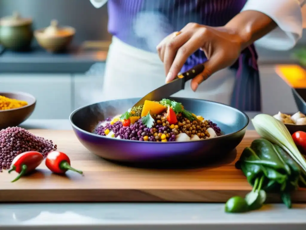 Un chef peruano preparando una receta tradicional con ingredientes autóctonos en una cocina moderna