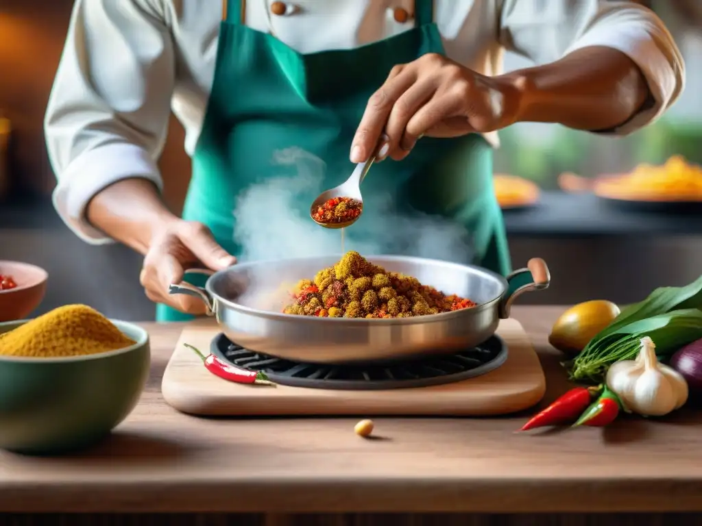 Un chef peruano preparando una receta tradicional de carapulcra, resaltando la riqueza culinaria y tradición peruana