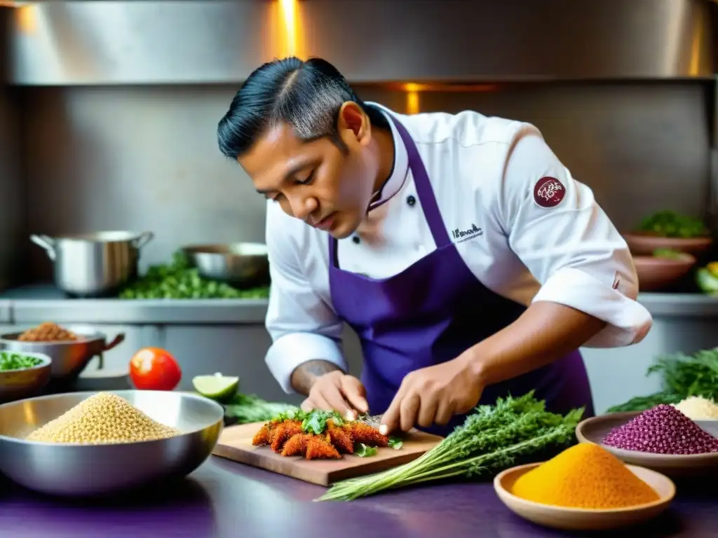 Un chef peruano preparando la receta de trucha andina en una cocina tradicional