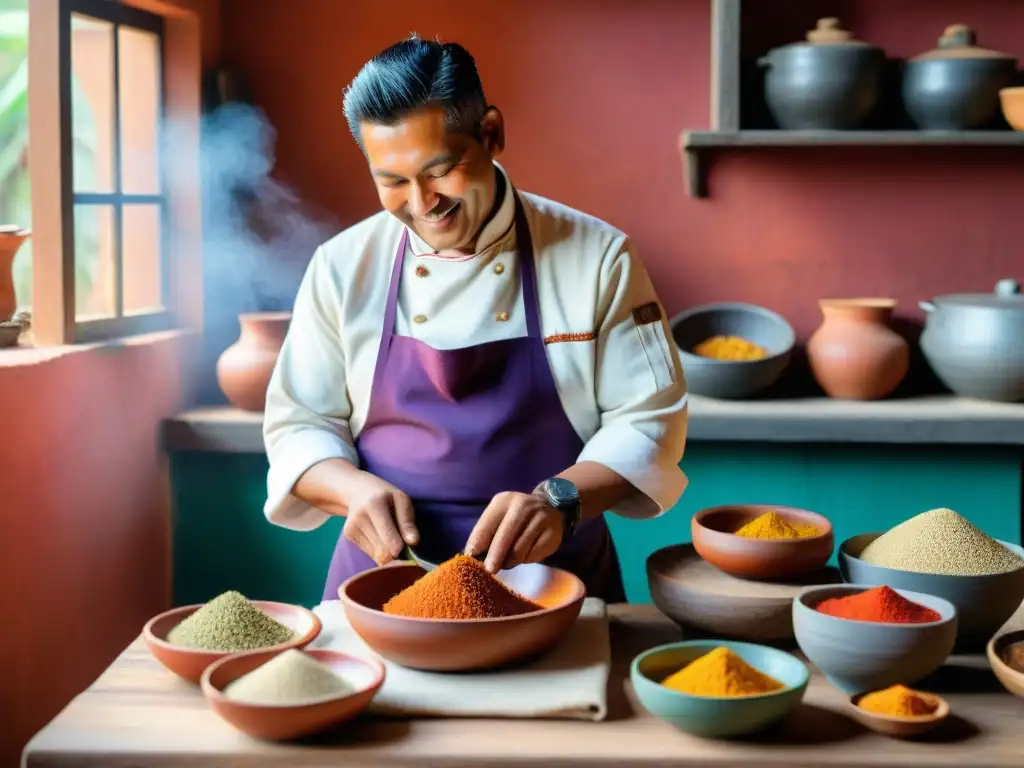 Un chef peruano prepara con maestría recetas ancestrales, evocando la riqueza de la gastronomía peruana