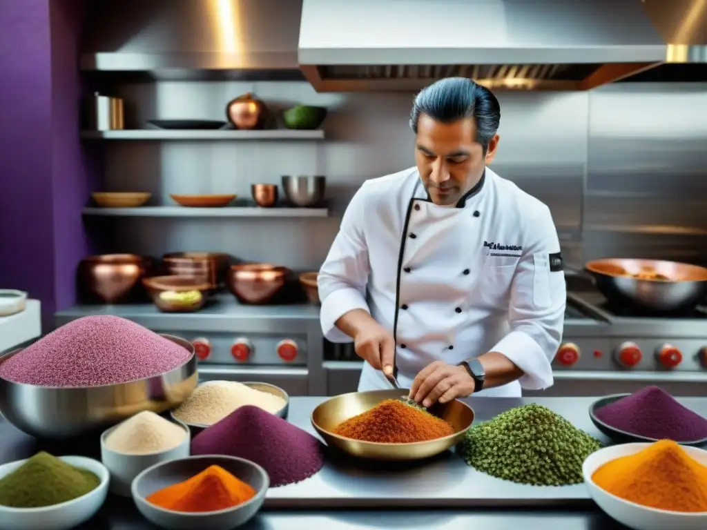 Un chef peruano preparando recetas ancestrales en cocina contemporánea, rodeado de ingredientes vibrantes