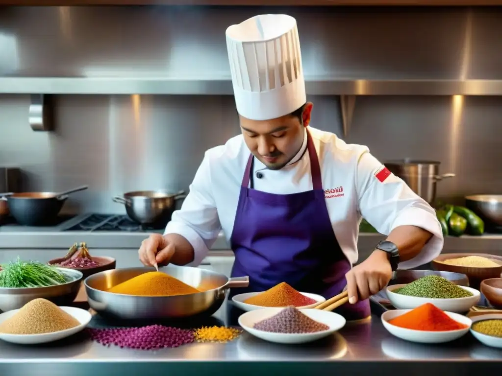 Un chef peruano preparando recetas ancestrales en una cocina contemporánea