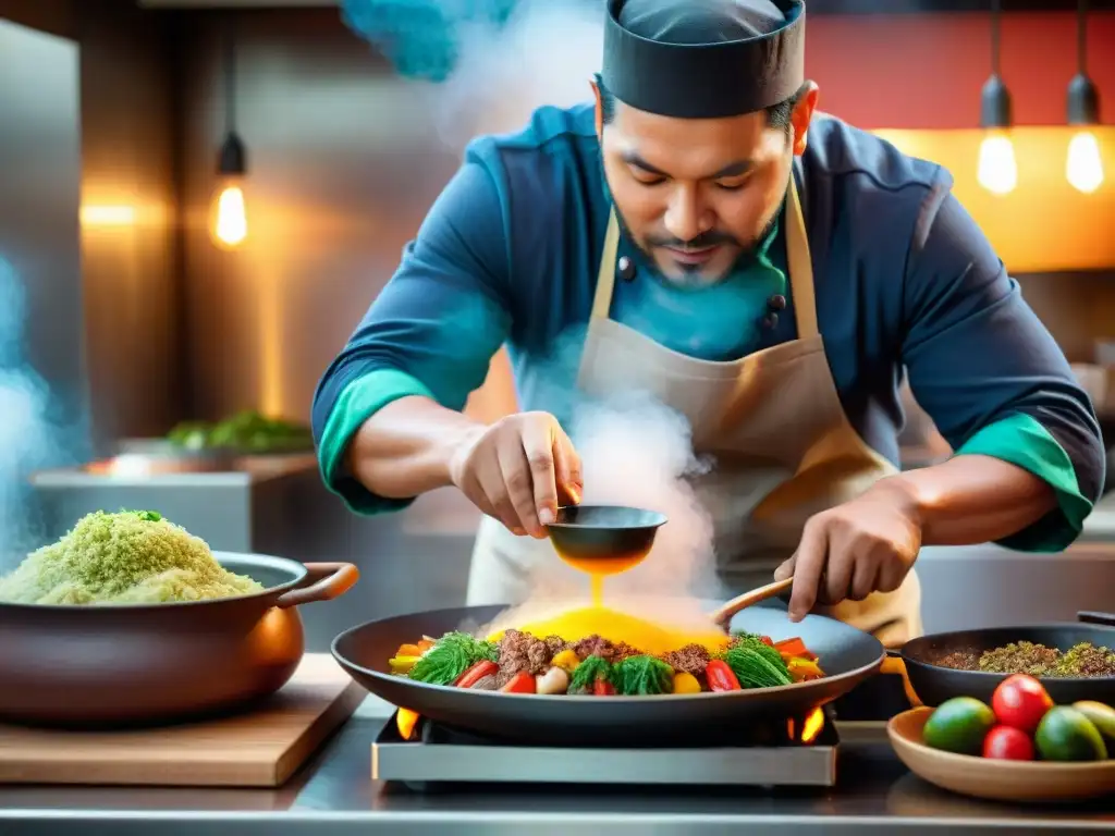 Un chef peruano prepara con pasión recetas ancestrales en una cocina de alta gama en Lima, fusionando tradición y modernidad