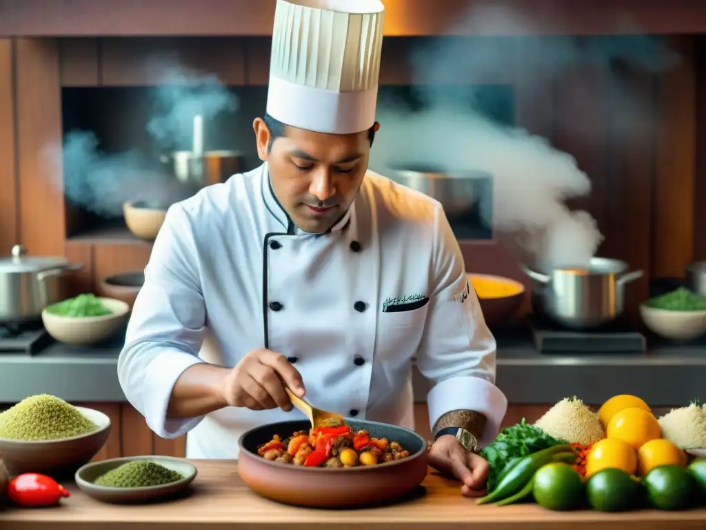 Un chef peruano preparando recetas ancestrales en Lima, fusionando tradición e innovación