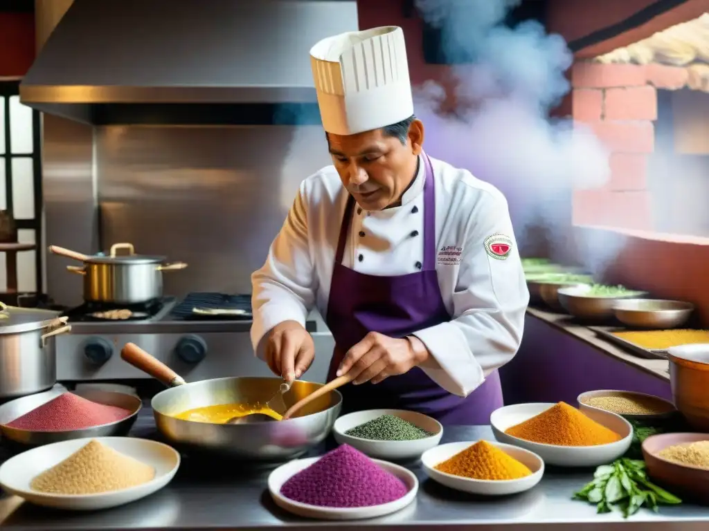 Un chef peruano prepara recetas ancestrales en una cocina bulliciosa, rodeado de ingredientes coloridos