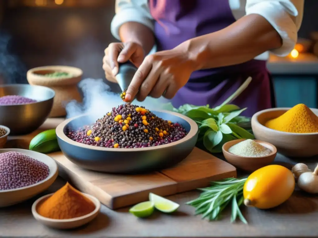 Un chef peruano reviviendo recetas ancestrales con ingredientes auténticos en una cocina rústica