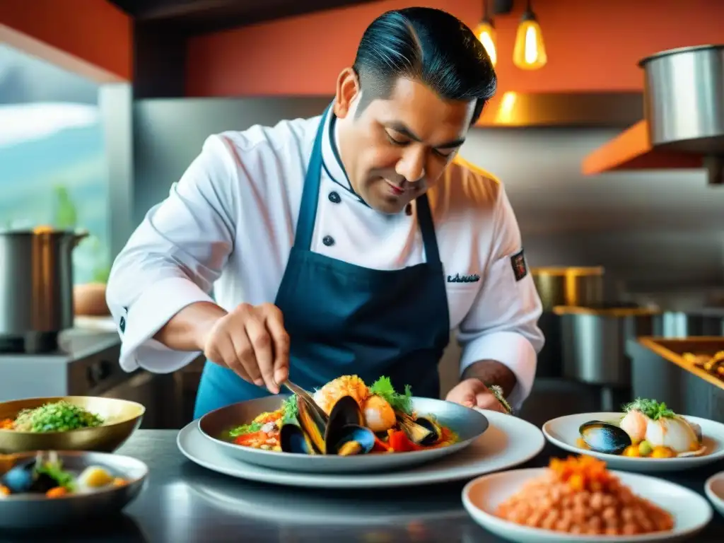 Un chef peruano preparando recetas mariscos peruanos tradicionales en una cocina costera bulliciosa