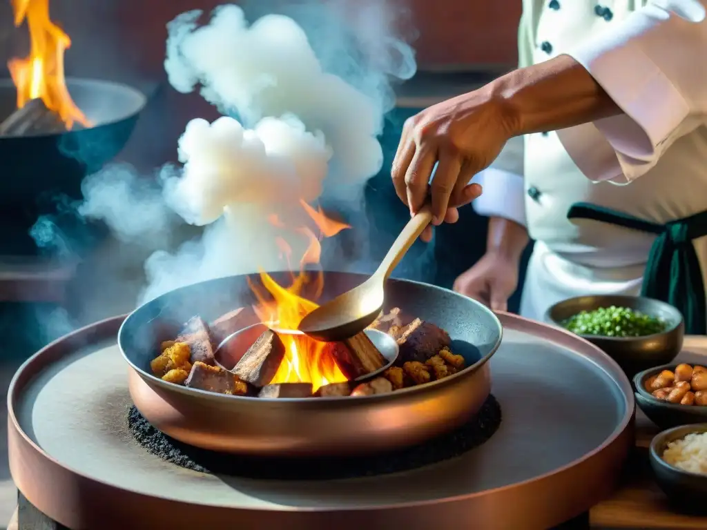 Un chef peruano prepara recetas de pailas peruanas tradicionales sobre un fuego abierto