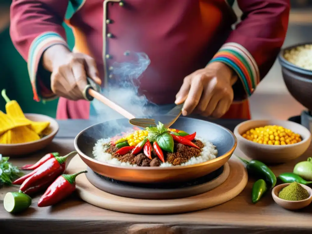 Chef peruano preparando recetas de pailas peruanas tradicionales en cocina rústica