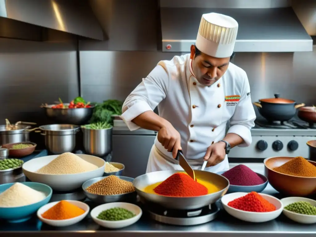 Un chef peruano preparando recetas con ají panca auténtico en una cocina tradicional llena de vida y color