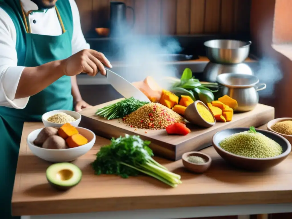 Un chef peruano preparando recetas saludables para diabéticos en una cocina moderna con ingredientes frescos y coloridos