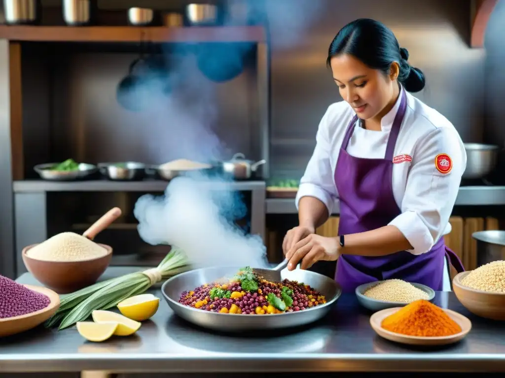 Un chef peruano preparando recetas tradicionales cocina peruana en una cocina andina, rodeado de ingredientes vibrantes