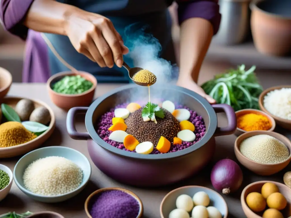 Un chef peruano preparando recetas tradicionales de la cocina peruana con ingredientes andinos vibrantes