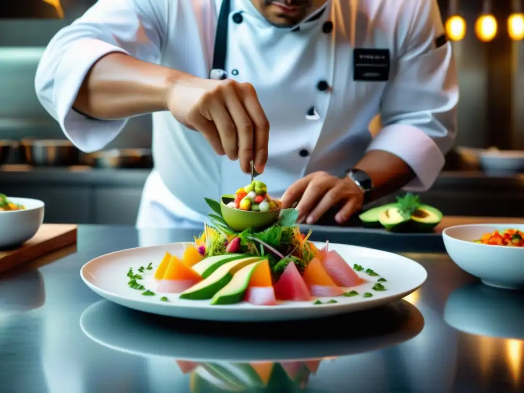 Un chef peruano reconocido creando un ceviche artístico en un restaurante innovador