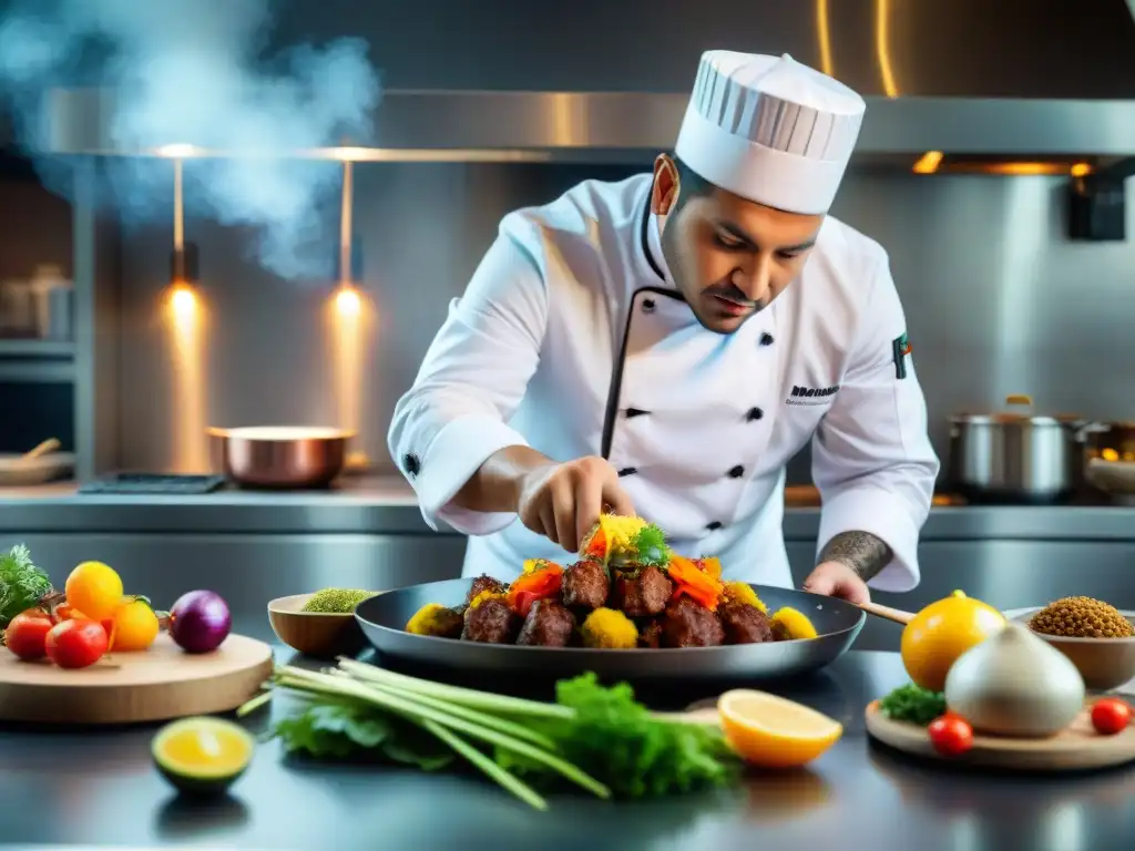 Un chef peruano renombrado prepara anticuchos de alta cocina en una cocina moderna, fusionando técnicas tradicionales con sofisticación