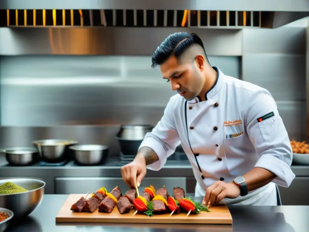 Un chef peruano renombrado prepara Anticuchos de alta cocina en una cocina moderna y elegante, fusionando tradición y sofisticación culinaria