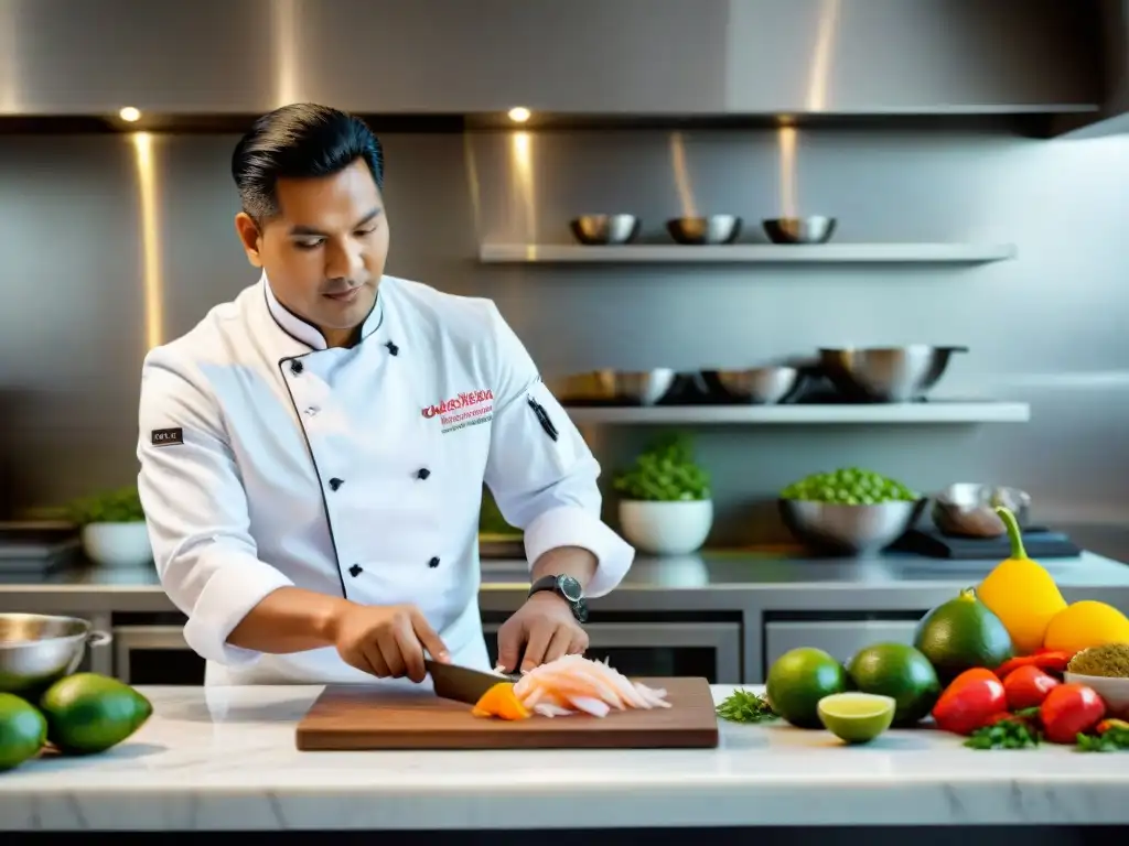 Un chef peruano renombrado prepara ceviche en una cocina moderna y elegante