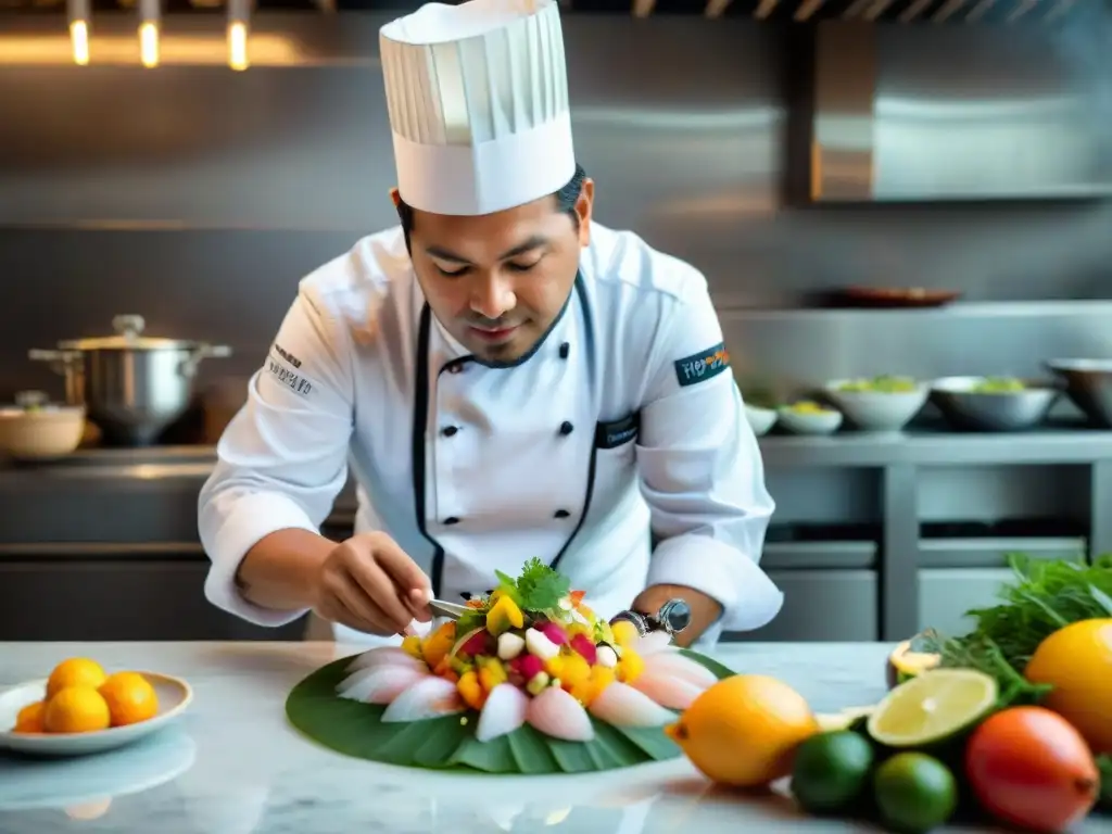 Un chef peruano renombrado crea un ceviche colorido y detallado, fusionando ingredientes tradicionales con técnicas modernas