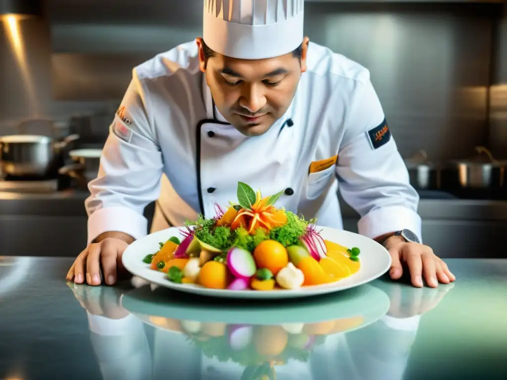 Un chef peruano renombrado en una cocina de autor en Lima, creando un ceviche colorido y detallado