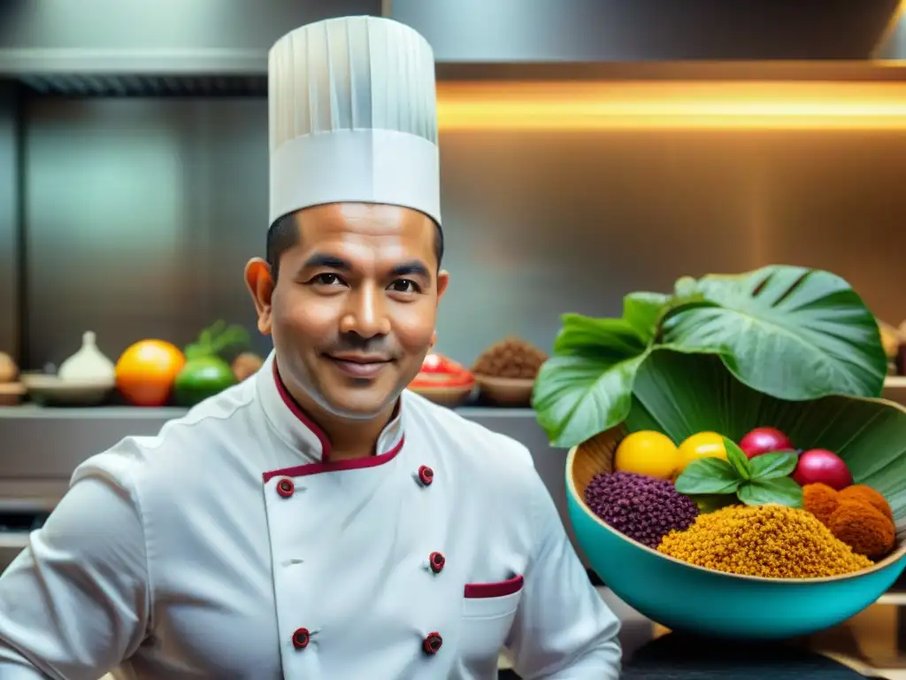 Un chef peruano renombrado en una cocina de lujo en Lima, creando platos con sabores exóticos de la selva amazónica