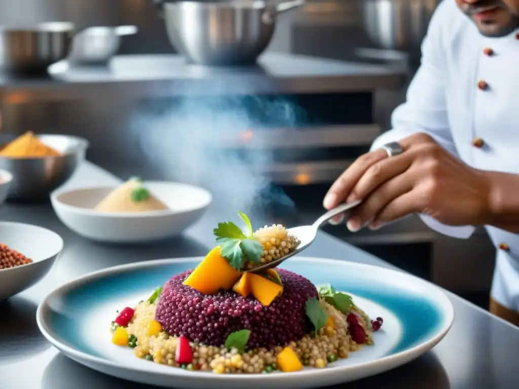 Un chef peruano renombrado presenta con destreza la quinua en alta cocina peruana, creando una obra de arte culinaria colorida y exquisita