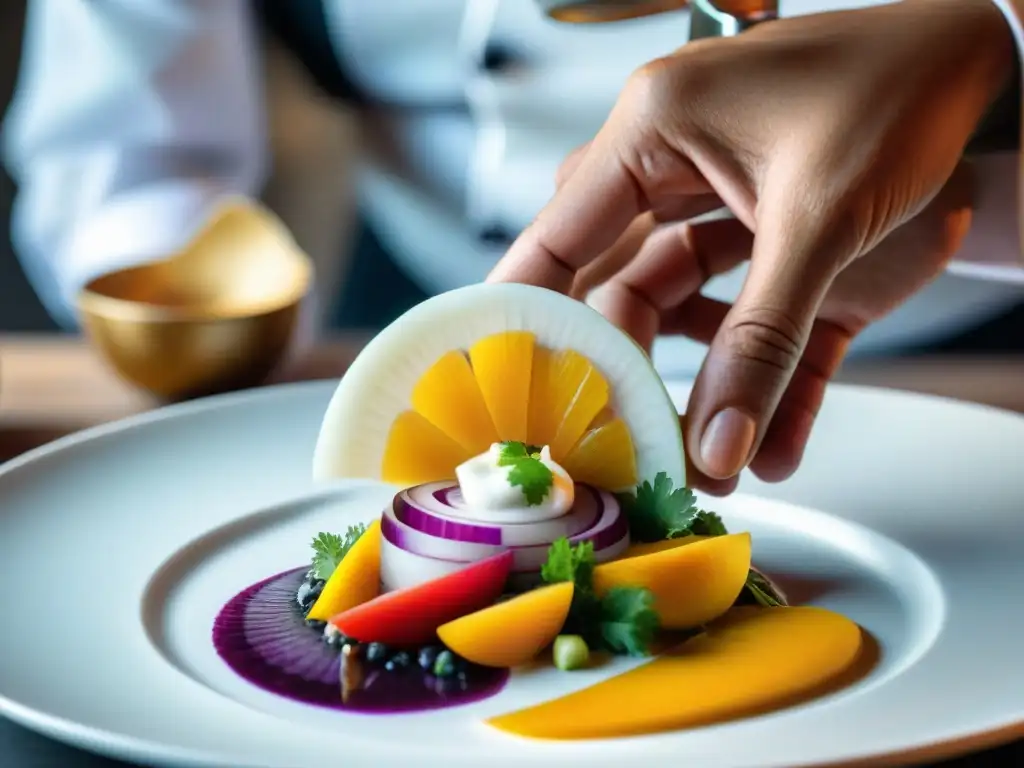 Un chef peruano renombrado prepara con esmero un ceviche auténtico con ingredientes autóctonos en un entorno culinario moderno