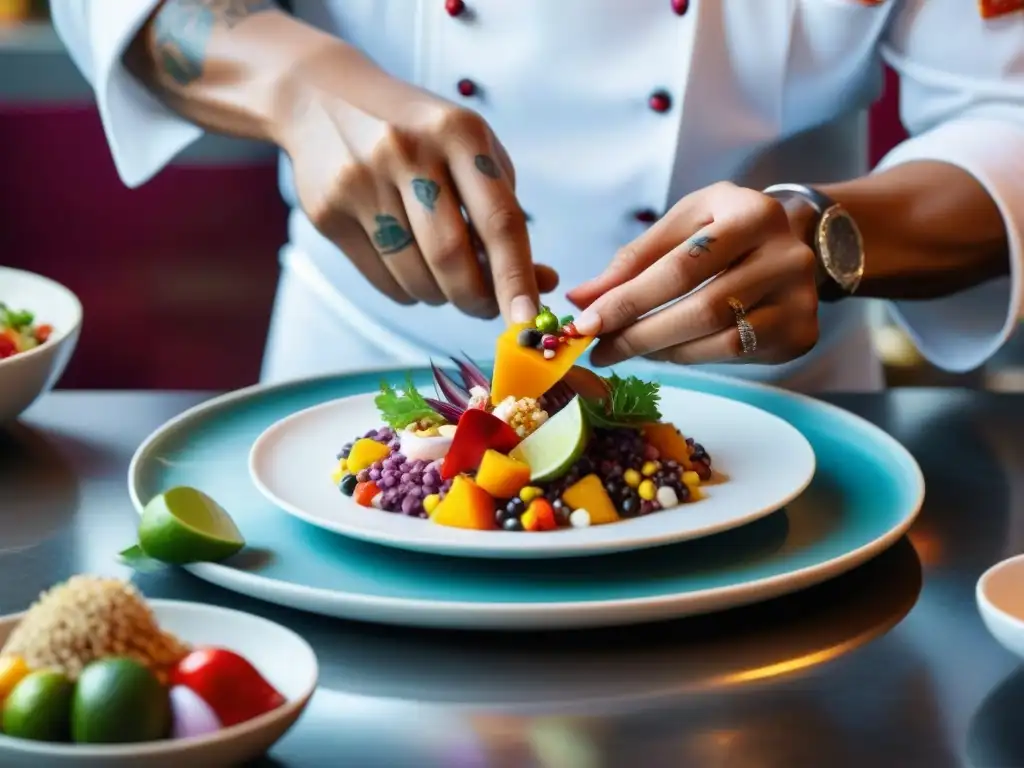 Un chef peruano renombrado fusiona ingredientes en un taller culinario, creando ceviches coloridos y elaborados