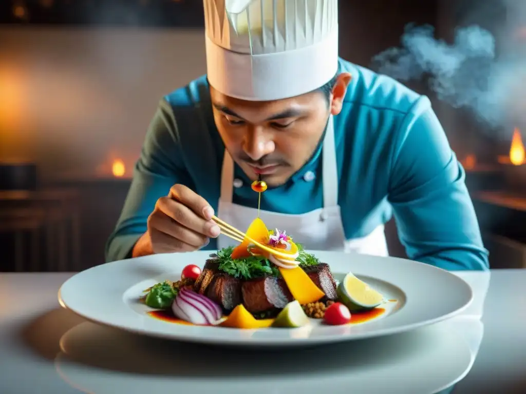 Chef peruano creando obra maestra culinaria Un chef peruano renombrado creando una obra culinaria vibrante y detallada, fusionando arte y gastronomía