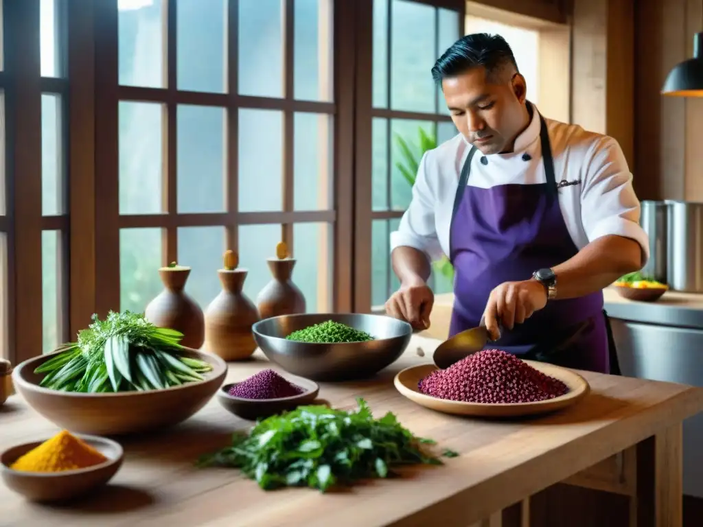 Un chef peruano renombrado crea con pasión una obra culinaria con ingredientes vibrantes en una mesa rústica