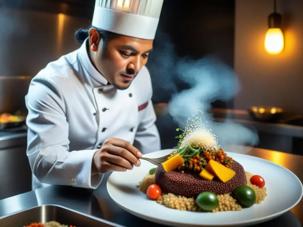 Un chef peruano renombrado plating quinua en alta cocina peruana, fusionando tradición y modernidad