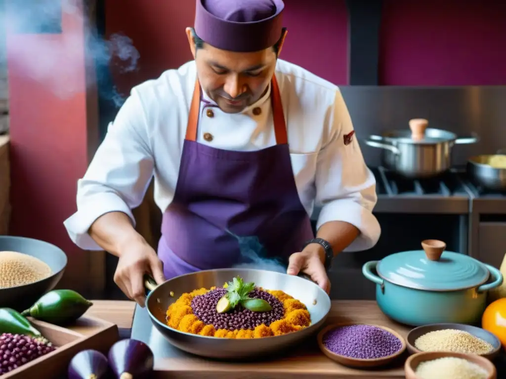 Un chef peruano renombrado preparando plato tradicional entre ingredientes autóctonos vibrantes