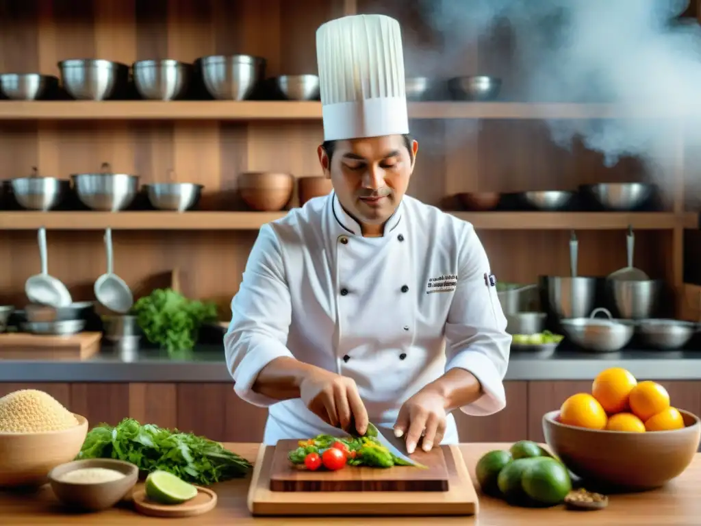 Un chef peruano renombrado prepara plato fusionado, resaltando impacto sostenibilidad alta cocina peruana