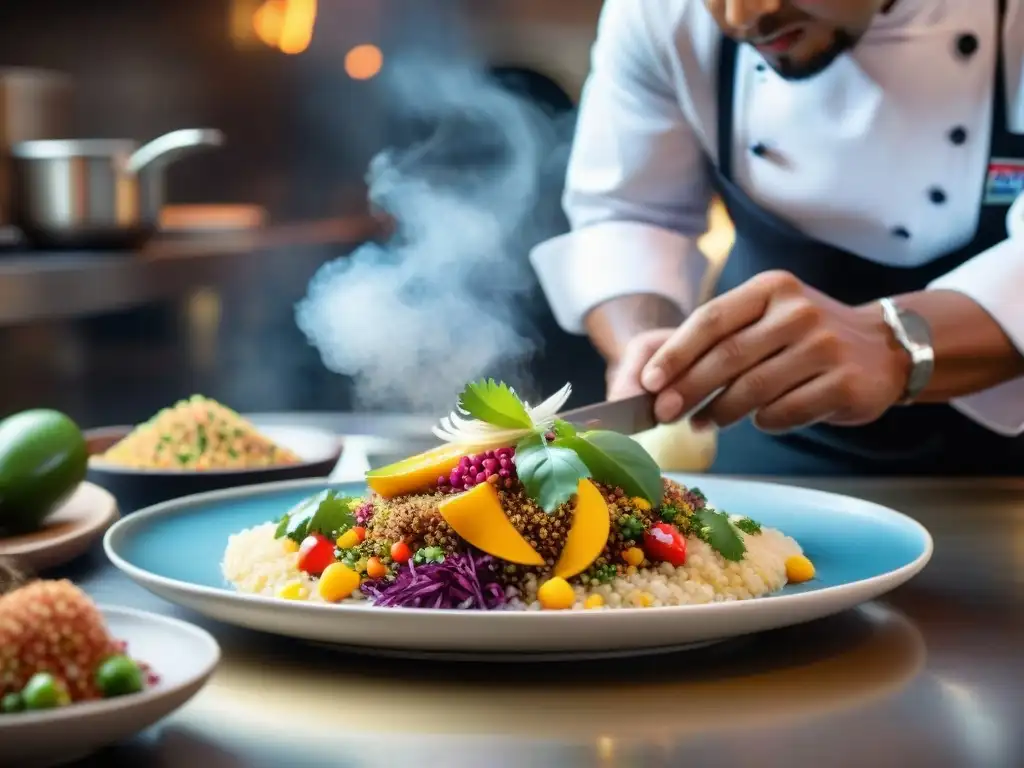 Un chef peruano renombrado plato quinua en alta cocina peruana, creando un plato exquisito