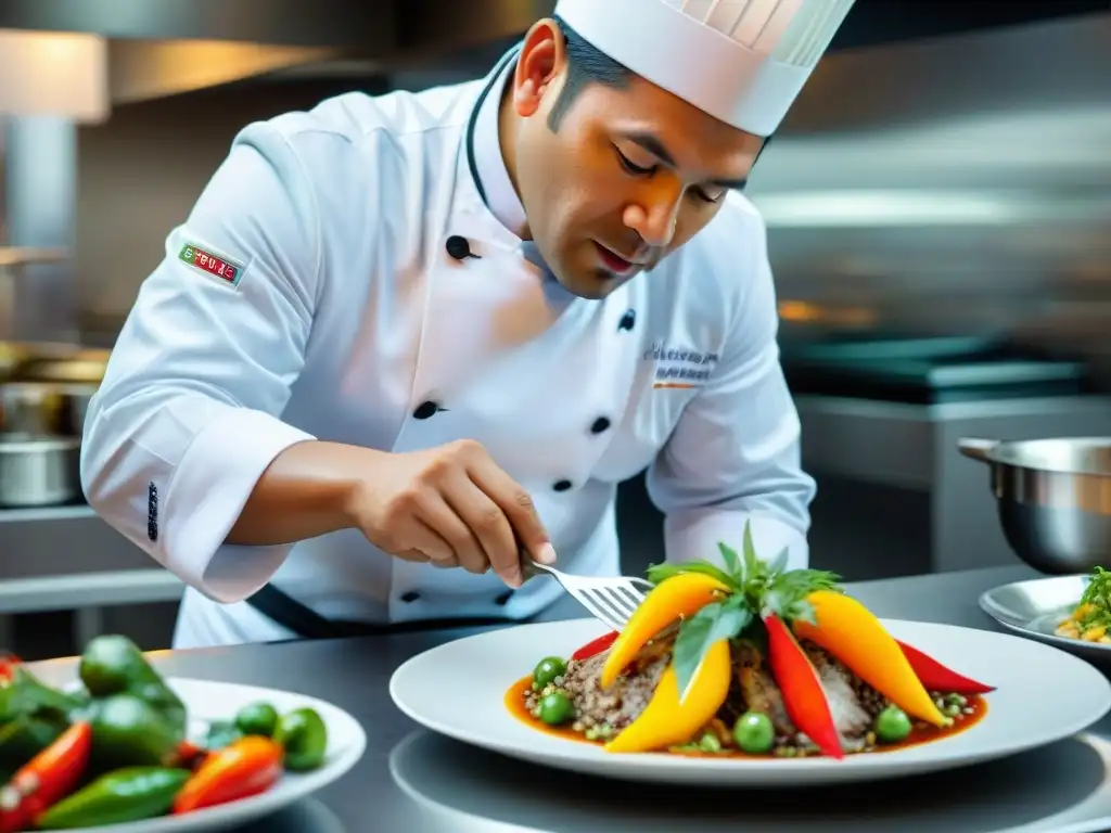 Un chef peruano renombrado prepara platos tradicionales con precisión en un restaurante de Lima, mostrando la esencia de la gastronomía peruana