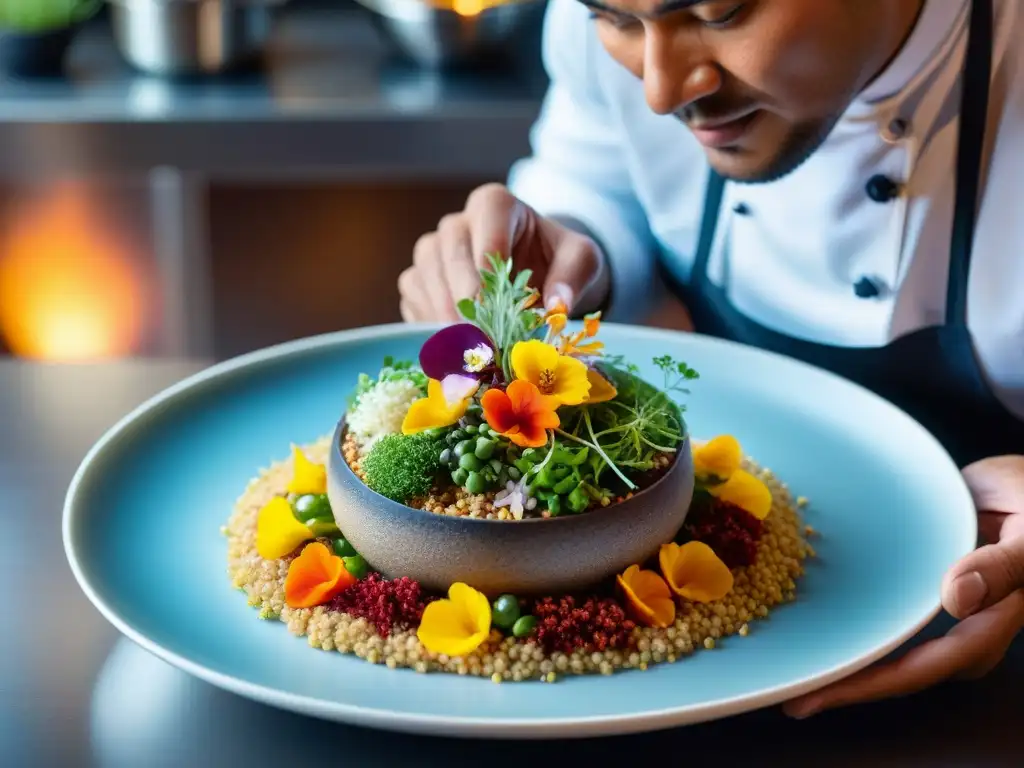 Un chef peruano renombrado plateando con precisión un sofisticado plato de quinua en alta cocina peruana