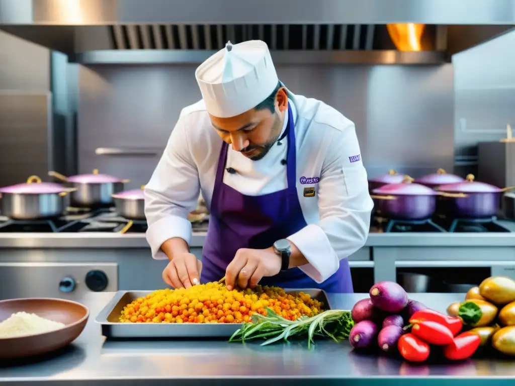 Un chef peruano renombrado crea con precisión una obra culinaria, rodeado de ingredientes frescos