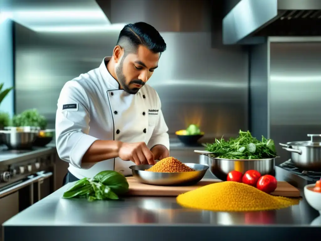 Un chef peruano renombrado prepara con precisión un plato sofisticado con quinua en una cocina de alta gama