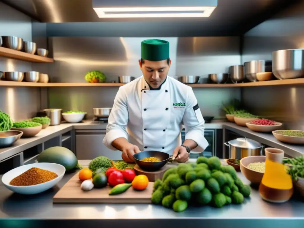 Un chef peruano renombrado fusionando técnicas de cocina peruana en un ambiente moderno