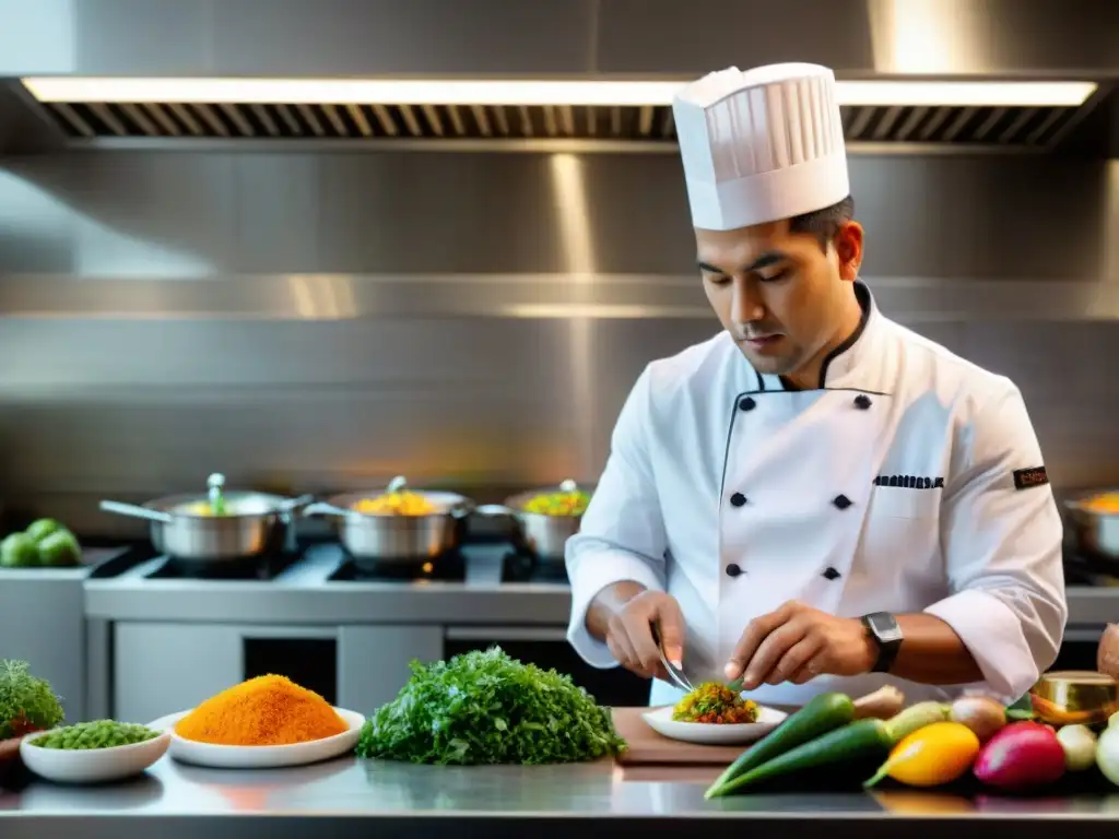 Un chef peruano renombrado fusiona técnicas modernas en platos peruanos, en una cocina vanguardista