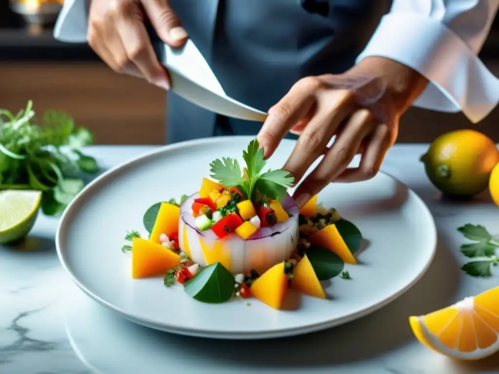 Un chef peruano renombrado utilizando técnicas modernas para presentar un ceviche impresionante