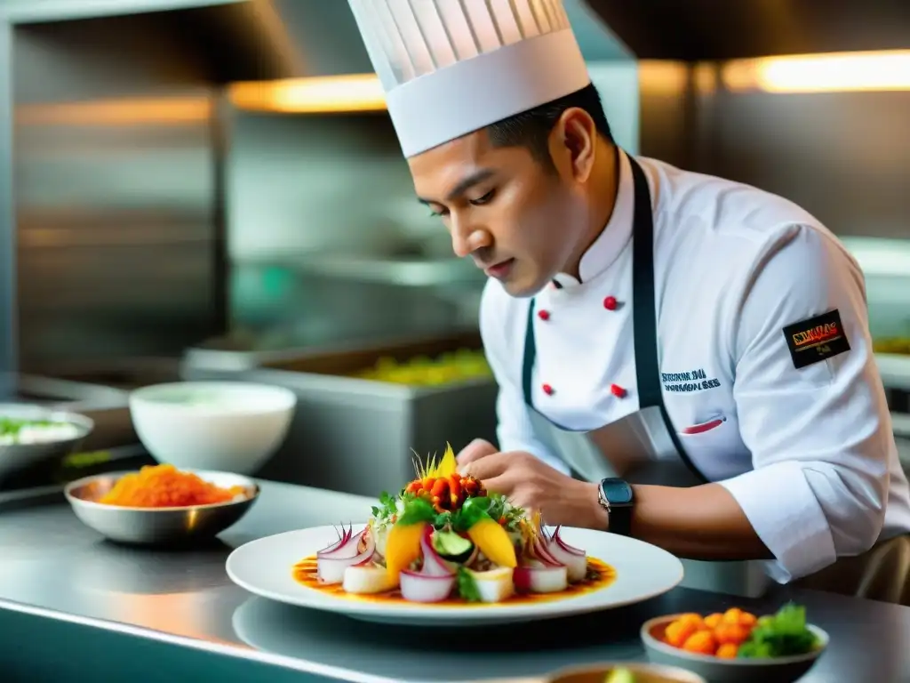 Un chef peruano en un restaurante de lujo en Lima preparando un ceviche colorido y elaborado, fusionando tradición e innovación
