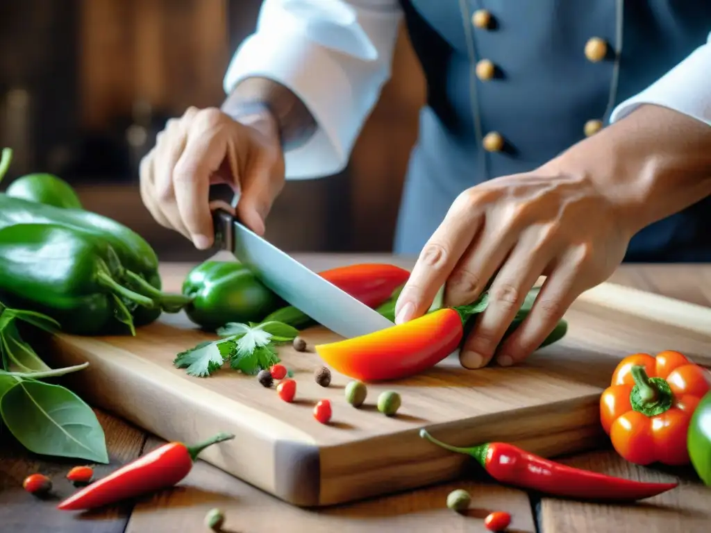 Un chef peruano cortando rocoto en una cocina rústica