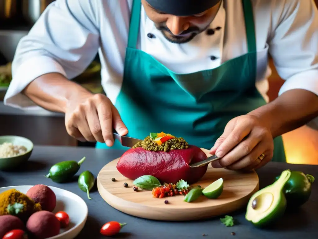 Un chef peruano prepara un rocoto relleno arequipeño en una cocina tradicional, mostrando la historia culinaria