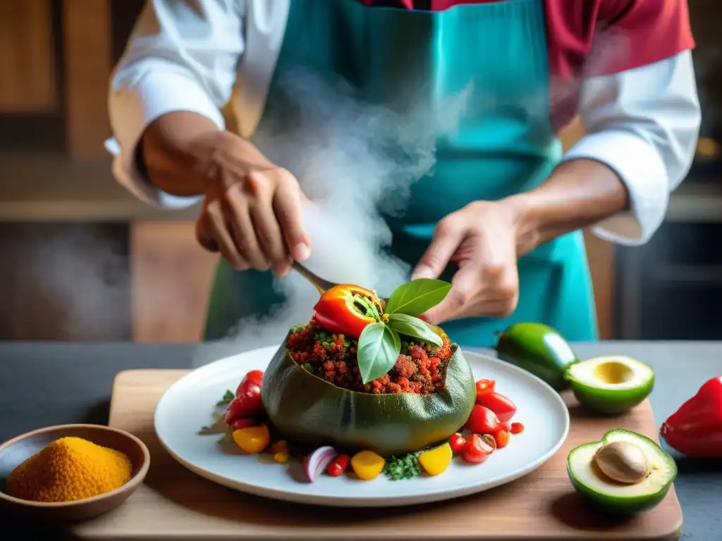 Un chef peruano hábil prepara un Rocoto Relleno andino en una cocina rústica